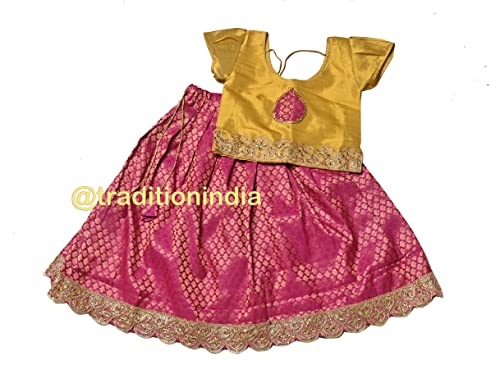 Tissue Silk & Chanderi Fabric Short Sleeve Party Wear Lehenga Choli for Girls & Kids (Color-Yellow & Hot Pink)2