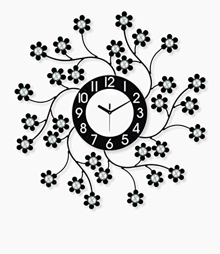 Image of CHRONIKLE Beautiful Diamond Series Analog Floral Design Round Metal Crystal Wall Clock for Living Room Home Decorations Office Gifts (Size: 57 x 5 x 57 CM | Color: Black | Weight: 1030 Gram)