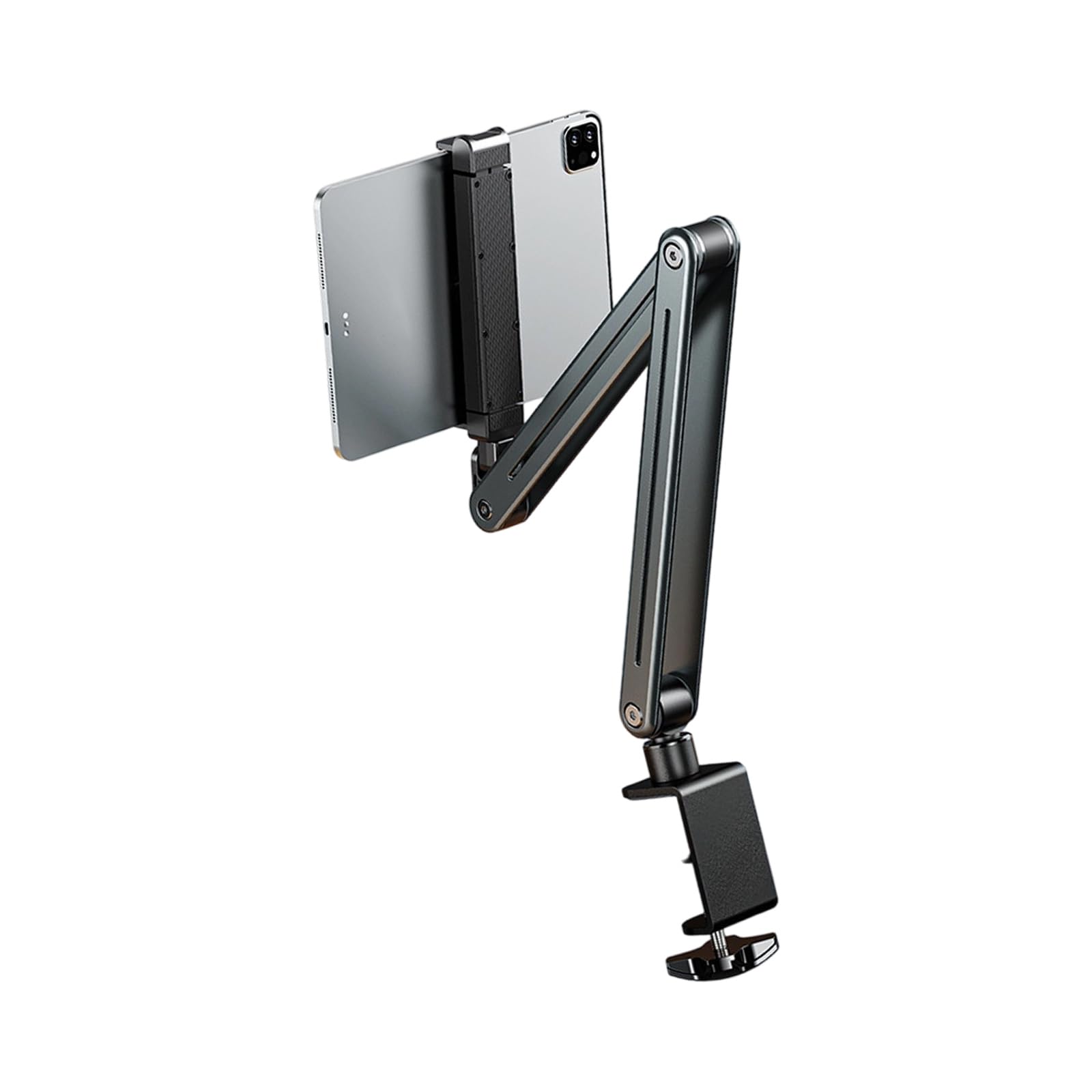 Supporto da scrivania per telefono con braccio snodato regolabile, morsetto per tablet per lezioni online, visualizzazione orizzontale verticale, supporto pieghevole in alluminio grigio per