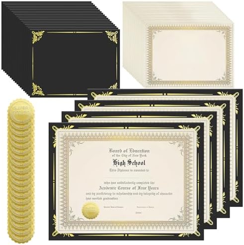 150 PCS Certificate Paper Kit, 50 Single Sided Certificate Holder with Gold Foil Border, 50 8.5" x11" Certificate Paper Blanks, 50 Award Seals, Certificate Covers for Diploma Graduation Awards, Black