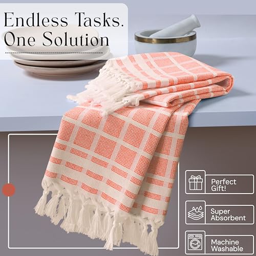 Image of Matrix Dobby Kitchen Towels Set of 4, 100% Cotton, Combo Pack, 16 inchx26 inch, Absorbent Tea Towels with Handmade Tassels, Reusable Cleaning Cloths - Orange, Mint Green, Sky Blue, Beige