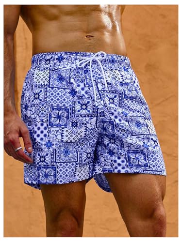 WDIRARA Men's Boho Floral Swim Trunks Drawstring Waist Summer Hawaiian Beach Shorts4