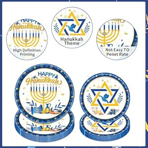 Rakuto Happy Hanukkah Party Decorations - 96PCS Hanukkah Decorations Paper Plates and Napkins Forks Disposable Tableware Set Menorah Holiday Party Decor Chanukah Party Supplies for Home Serve 24 Rakuto Happy Hanukkah Party Decorations 96PCS Hanukkah Decorations Paper Plates and Napkins Forks Disposable Tableware Set Menorah Holiday Party Decor Chanukah Party Supplies for Home Serve 24