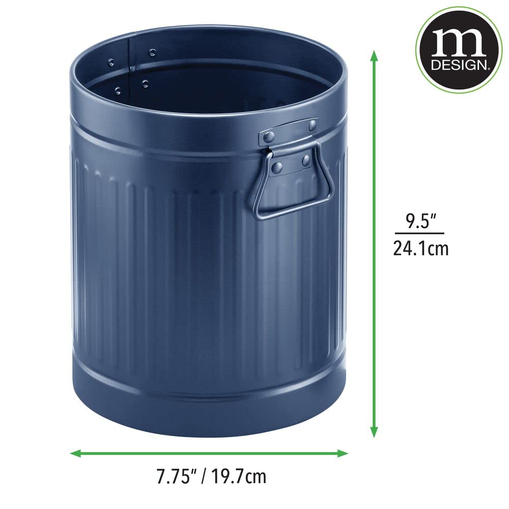 MDesign 2 Gallon Steel Trash Can - Navy Blue Metal Wastebasket With Handles For Bathroom & Kitchen