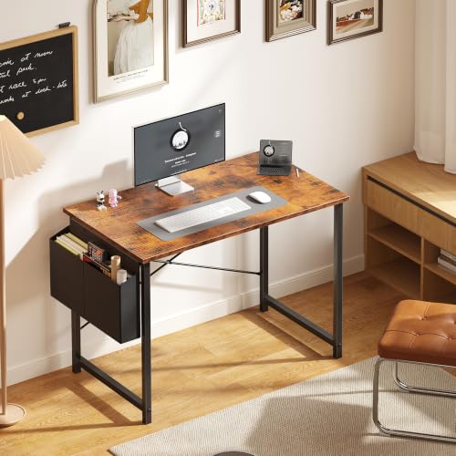 Image of OLIXIS Small Computer Desk, 40 Inch Gaming Desks for Home Office | Writing Study Craft Work Table, Computer Workstation for Bedroom Small Spaces with Storage Bag, Brown