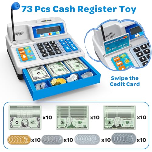 Image of Bstoyder Calculator Cash Register Toy Gift for Kids Age 3, 4, 5, 6, 7, 8+ Year Old, 103 Pcs Grocery Store Playset with Microphone, Credit Card, Cash Register for Toddlers Kids 4-8