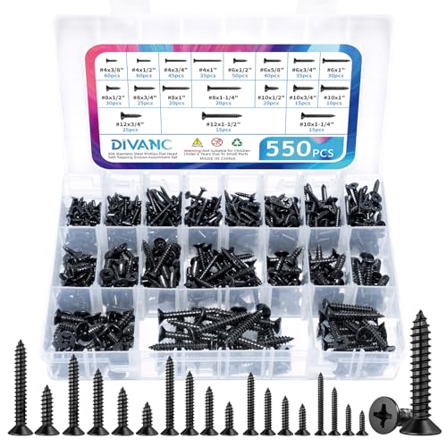 DIVANC 550Pcs 304 Stainless Steel Wood Screws Assortment Kit, Phillips Flat Head Sheet Metal Screws Self Tapping Screws Set, 4681012 Wood Assorted Screw (Black-Flat Head 550PCS)