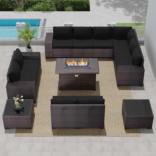 Image of 13 PCS Outdoor Patio Furniture Set,Outdoor Sectional Furniture with 43 inch 55000 BTU Gas Propane Fire Pit Table,All Weather PE Rattan Wicker Patio Conversation Set,Black
