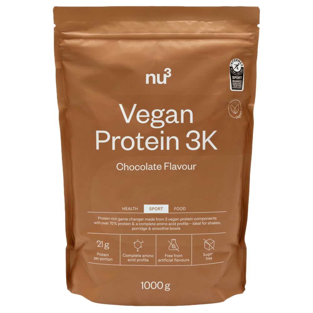 nu3 Vegan Protein 3K Schokolade 1kg- Protein-Powder, pflanzlich, laktosefrei, ohne Soja, zuckerarm, gelatinefrei, Aspartamfrei, Cremig, Eiweißpulver für Muskelaufbau, Training & Alltag - 1000 g
