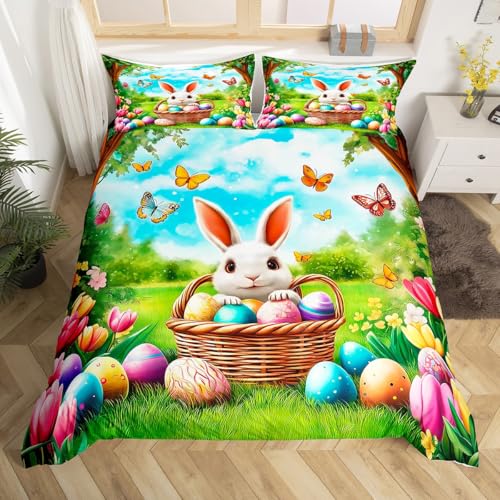 Happy Easter Duvet Cover Set Toddler Size,Cartoon Bunny Rabbit Cute Animal Rustic Bedding Set,Boys Girls Room Decor,Easter Eggs Tulip Flowers Comforter Cover,Green Quilt Cover,1 Pillowcase(No Filler)