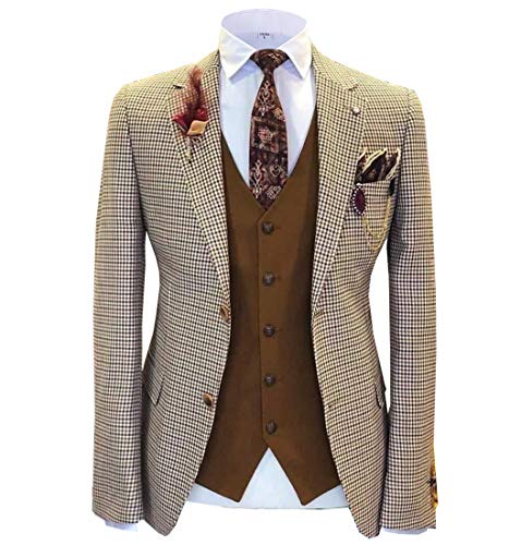 Men's 3 Piece Suit with Houndstooth Blazer Retro Tweed Scottish Tux Suit Set - Houndstooth Blazer, Pants, Vest3