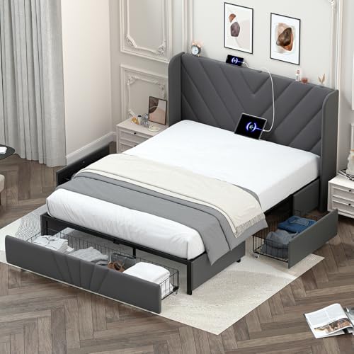 LUCKLIFE Upholstered Platform Bed Frame with USB and Type-C Ports, V-Shape Wingback Headboard, Side Drawers and Oversize Footboard Storage, No Box Spring Needed, Queen Size Modern Base,Dark Gray