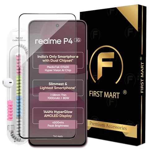 Image of FIRST MART Gorilla Tempered Glass for Realme P4 with Edge to Edge Coverage, Cable Protector and Easy Installation kit