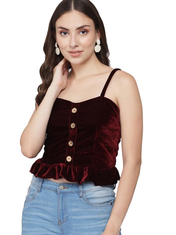 Vaararo Sleeveless Party Crop Top for Women | Shiny Velvet Hemline Ruffles Stylish Outfit-image-3