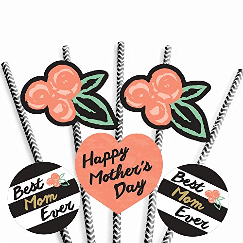 Best Mom Ever Paper Straw Decor - Mother's Day Party Striped Decorative Straws - Set of 24