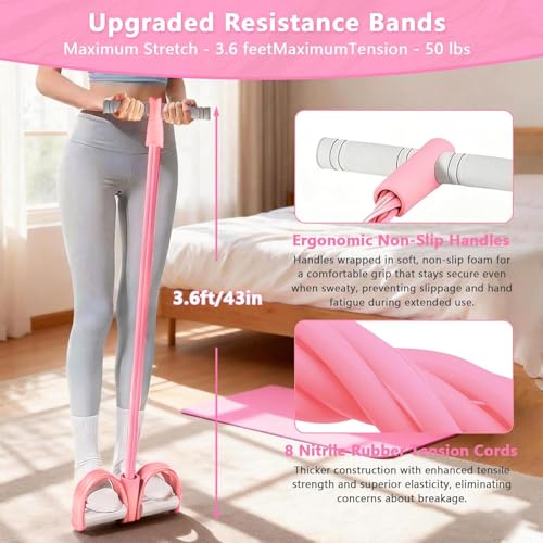 Image of Pedal Resistance Band with Handle, 8-Tubes Multifunction Pedal Resistance Band, Natural Rubber Foot Pedal Resistance Band, Exercise Bands with Handles for Abdomen, Waist, Arm, Leg, Pink