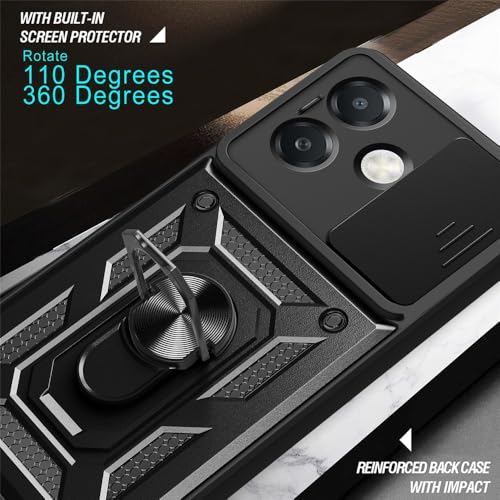 Image of Heavy Duty Back Case Cover for Oppo A3X 5G, Shockproof Oppo A3X Back Cover, Ring Case with Kickstand and Camera Protection Shutter - Black