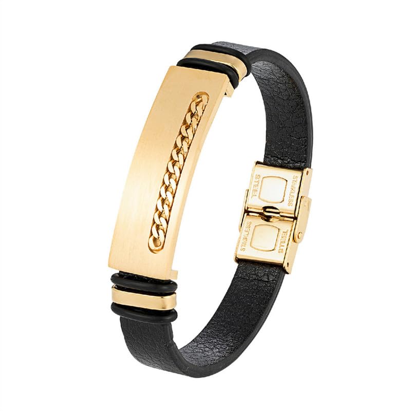Ouruiba Bracelet Gourmette Homme Chaîne Cuir Acier Inoxydable Bijoux Or - 21CM