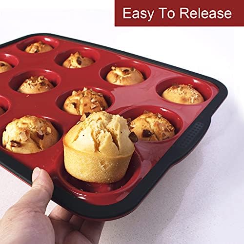 Aichoof Non-Stick Silicone Muffin Pan With Reinforced Stainless Steel Frame Inside,12 Cup Regular Muffin Baking Mold, 12 Cup Muffin Tin, BPA Free,Dishwasher Safe, Red - Thumbnail 5