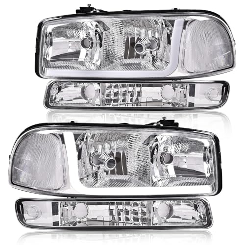 G-PLUS LED Headlights Assembly Fit GMC Sierra 1500HD 2500HD 3500 1999-2007/Fit GMC Yukon XL 1500 2500 1999-2006,Headlamps Clear Lens Chrome Housing Clear Reflector,faros delanteros
