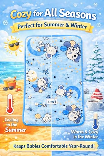 Image of PWI Baby Sheet for Summer | Lightweight Soft Blanket for Babies (0-2 Years) | Breathable & Skin-Friendly | 30 x 40 Inches | Blue Cartoon Print