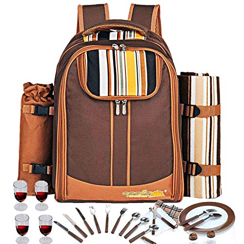 Picnic Backpack Bag for 4 Person With Cooler Compartment, Detachable Bottle/Wine Holder, Fleece Blanket, Plates and Cutlery Set Perfect for Outdoor, Sports, Hiking, Camping, BBQs(Coffee) - Thumbnail 3