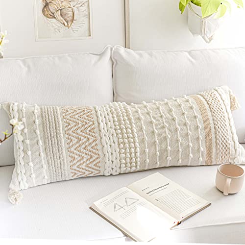 Blissblush Neutral Cream & White Lumbar Pillow Cover 14X36 Inch, Boho Woven Textured Lumbar Pillow Cover, Cream Color Body Pillow Cover, Lumbar Pillow For Bed, Couch Bench Lumbar Pillow (Cover Only) #TOP25