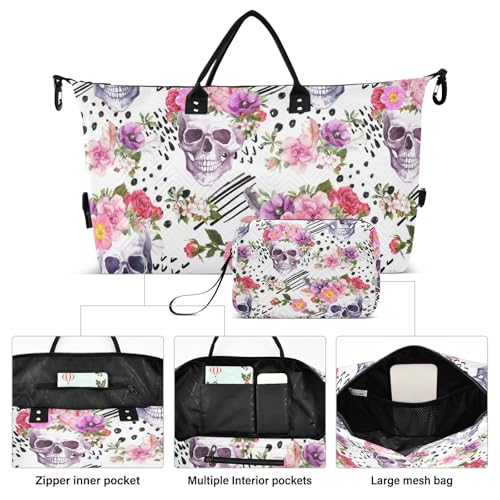 OTVEE Skulls with Pink Flowers Travel Gym Duffel Bag Quilted Weekender Bags Carry on Overnight Tote Bag for Women Men2