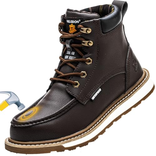 Image of KELODON Waterproof Steel Toe Boots For Men-6" Leather Moc Toe Work Boots Mens Steel Toe Shoes Indestructible Non Slip Resistant Construction Safety Boot,Dark Brown,size 9 Men