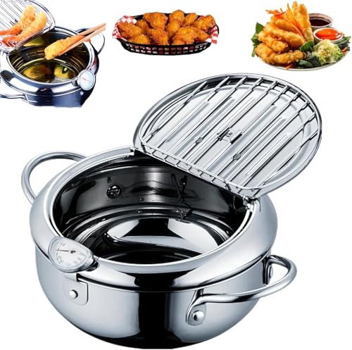 Qivine Pentola per Friggere Friggitrice Ad Olio in Acciaio Inossidabile con Termometro Padella Per Friggere con Coperchio della Griglia Antigoccia per Friggere Tempura Pollo Francese Pesce (28cm)