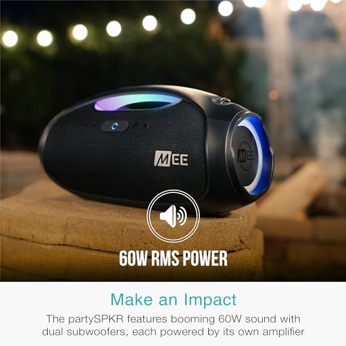 Image of MEE Audio PartySPKR Bluetooth Wireless Speaker, Powerful 60W RMS Stereo Sound, 2 Subwoofers, Dynamic LED Lighting, Party Mode for Connecting 100+ Portable Speaker for Indoor & Outdoor Use, Black