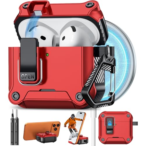 Image of Pohgelan for AirPods 4 Case with Safety Lock-Red | Magnetic Automatic Lock with Cleaning Kit&Keychain,Compatible with Magsafe