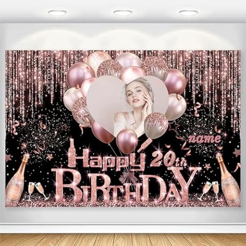 AUBAO Custom Rose Gold Happy Birthday Banner Backdrop Birthday Decorations Party Supplies for Girl Women(20th) Cover
