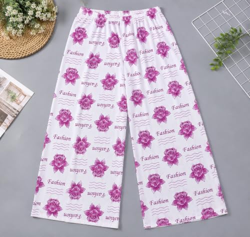 Image of Women Wide Leg Palazzo Pants with Floral Fashion Print White, Pink