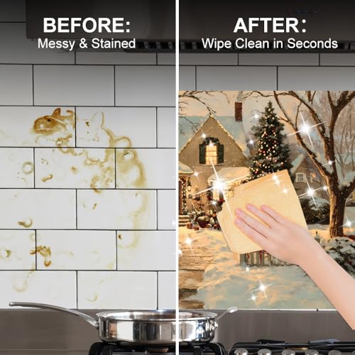 Image of Snowy Christmas House Backsplash Peel and Stick, 35.4x23.6 in