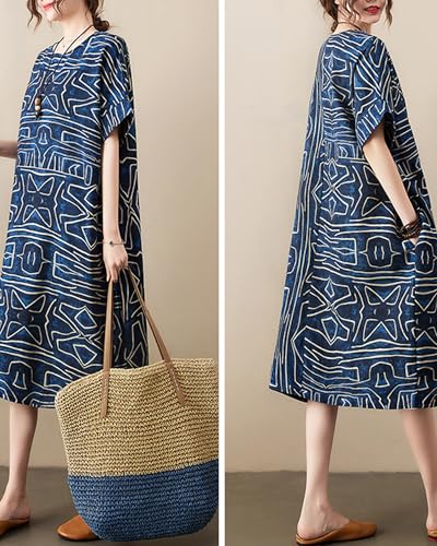 Image of LUZU JUNU Women's Summer Baggy Plus Size Loose Cotton Linen Long Boho Beach Dress with Pockets