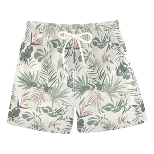 DOMIKING Strelitzia Palm Leaf Beige Boys' Board Shorts Quick Dry Toddler Swim Shorts with Mesh Lining for Child Boy Adjustable Waist 3T
