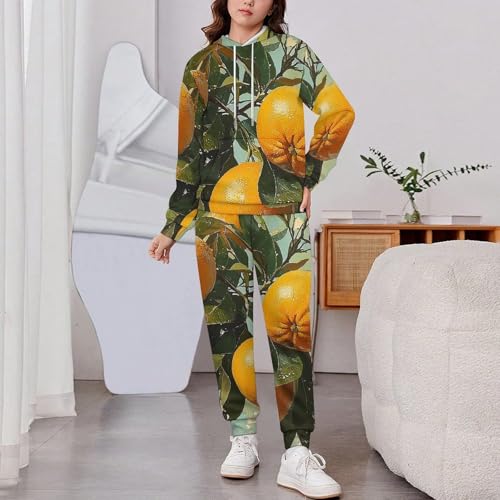 Boys Girls Sweatshirt Set 2 Piece Pullover Hoodie Kid Jogger Sweatpants, Passion Tropical Oranges Retro2