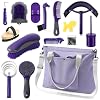Abbylike 15 Pieces Horse Grooming Kit with Organizer Tote Bag Tack Room Supplies Horse Brush Sets Care Equine Cleaning Kit Shedding Grooming Massaging Tools(Purple and Grey)