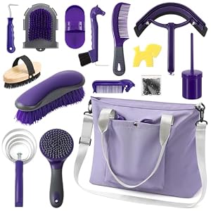 Abbylike 15 Pieces Horse Grooming Kit with Organizer Tote Bag Tack Room Supplies Horse Brush Sets Care Equine Cleaning Kit Shedding Grooming Massaging Tools(Purple and Grey)