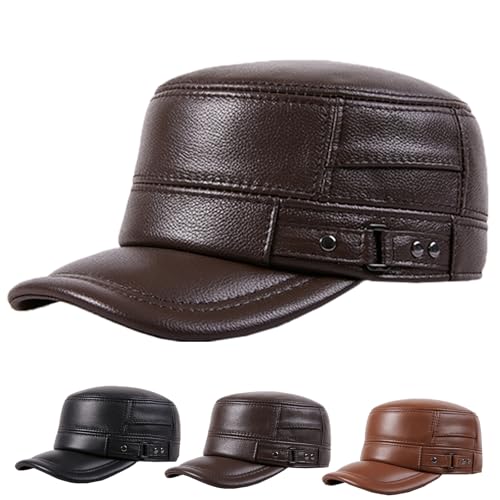 Hixako PU Leather Flat Top Warm Baseball Cap, Leather Hats for Men, Military Flat Top Cap