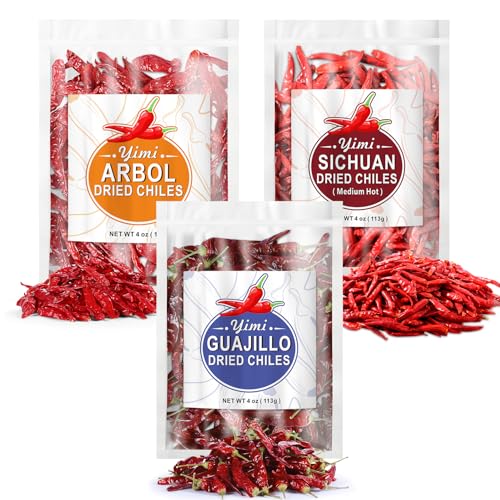 Image of Yimi Dried Chili Peppers 3 Pack Bundle - Arbol, Guajillo, Sichuan Spicy Hot Chiles, Super Pack of Dry Whole Pepper Chiles, for Mexican Asian Dish (18oz Total), Ideal for Gift