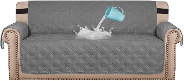 BellaHills 100% Waterproof Sofa Cover Protector Couch Covers for Dogs/Pets | Sofa Slipcover for 3 Cushion Couch with Non Slip Backing and Adjustable Strap (Sofa 68", Grey)