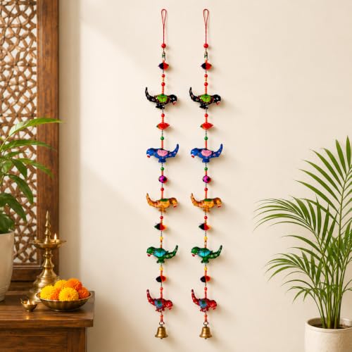 Image of Bindian Handcrafted Rajasthani Wind Chime with Bells, Multicolour, 72x23 cm, Traditional Wall Hanging for Home, Garden & Balcony (Parrot Pack of 2)