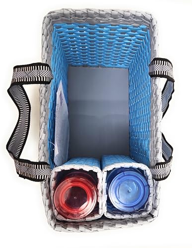 Image of Paperus, Sky Blue & Grey, Large, Lunch Bag with 2 Water Bottle Holders, Picnic Basket, Travel Bag, Eco-Friendly, Handmade, of Paper Ropes, Length 14 inch, Height 11 inch & 7 Inch Broad Base