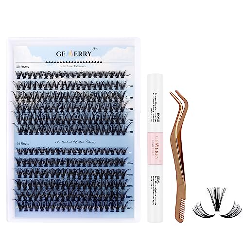 Gemerry Zestaw sztucznych rzęs o naturalnym wyglądzie do przedłużania rzęs, 240 szt, kępki, pojedyncze, D Curl, 8-16 mm z klejem i spoiwem, aplikator, szczypce, (30+40D-KIT)
