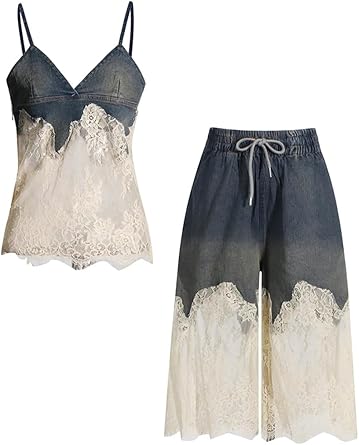 Zadaos Patchwork Lace Two Piece Set For Women V Neck Sleeveless Tops High Waist Loose Pant Slimming Denim Sets