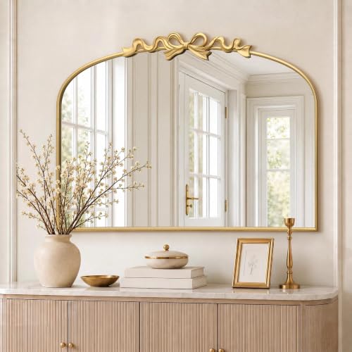 Image of Besdomus Bow Arched Large Mirror: 40 inchx29 inch Gold Vintage Decorative Mirror | French Baroque Metal Framed - Traditional Ornate for Fireplace /Entryway /Living Room /Bathroom- Ideal for Home Renovations