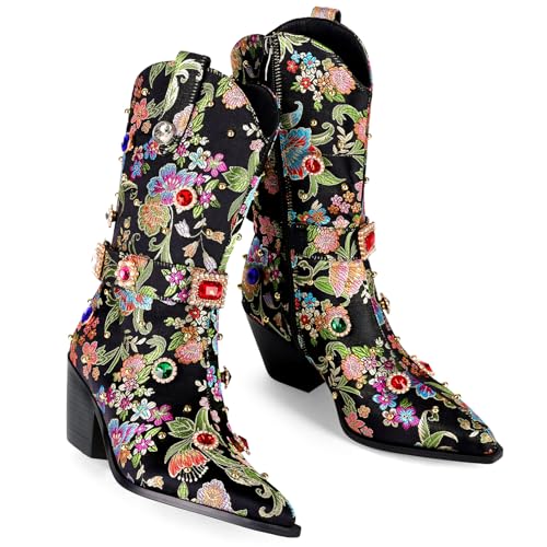 LOCERICH Women Rhinestone Cowboy Sparkly Cowgirl Boots Diamond Western Floral Embroidery Mid Calf Booties2