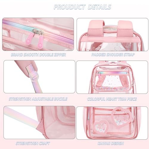 Caoroky knight clear bag for stadium events backpack daypack kids school bags cute transparent bookbags for women girls travel backpacks see through heavy duty TPU back pack-Pink3